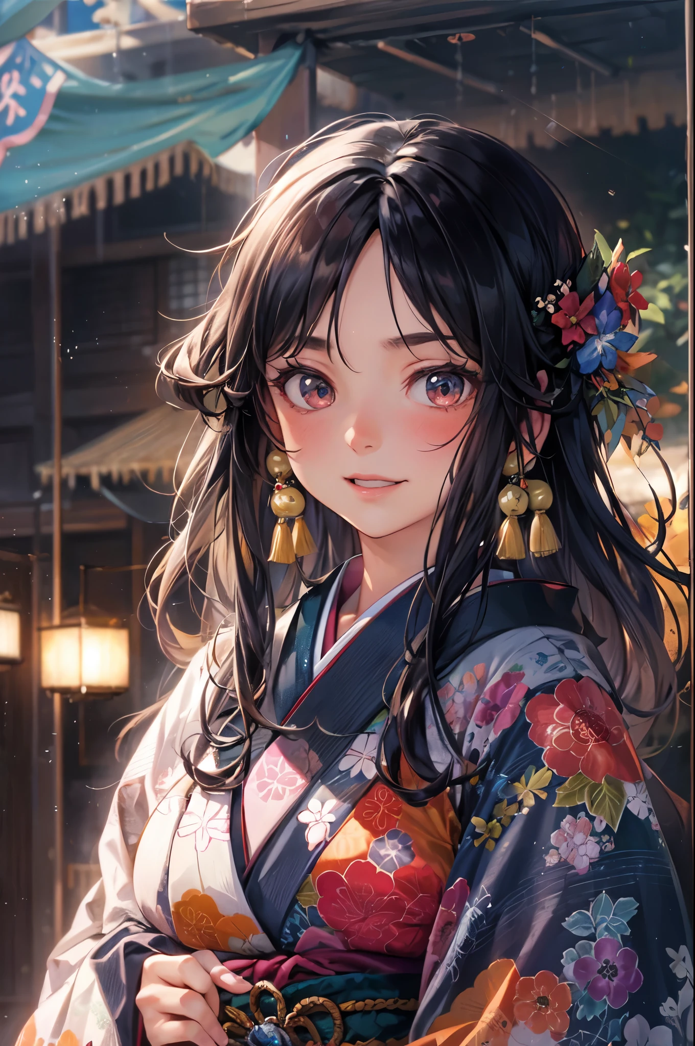 solo, mujer japonesa, kimono japonés, pelo negro, pelo largo, pelo flotante, Cabello brillante, joyas, sonrisa ligera, hermoso rostro y ojos detallados, vivid color, iluminación cinematográfica, artefactos jpeg, Disparo a la altura de los ojos, sombra paralela, profundidad de campo, hyperrealism, Colores tipo Ghibli, perspectiva atmosférica, tachi-e, obra maestra, retina, preciso, mejor calidad, alta resolución, 4k, Súper detalle