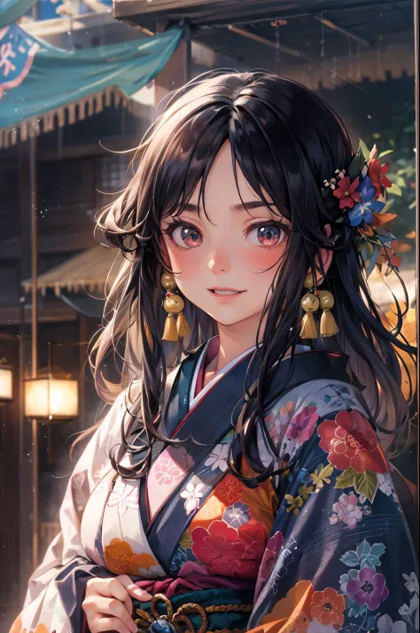 solo, japanese woman, japanese kimono, black hair, long hair, floating hair, shiny hair, jewelry, light smile, detailed beautifu...