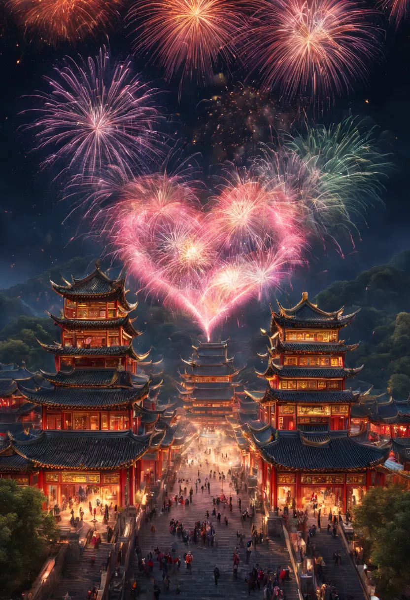 Colorful heart glowing effect complex light splash on ancient Chinese city ，depth of fields，Emphasis on HD details，ultra - detai...