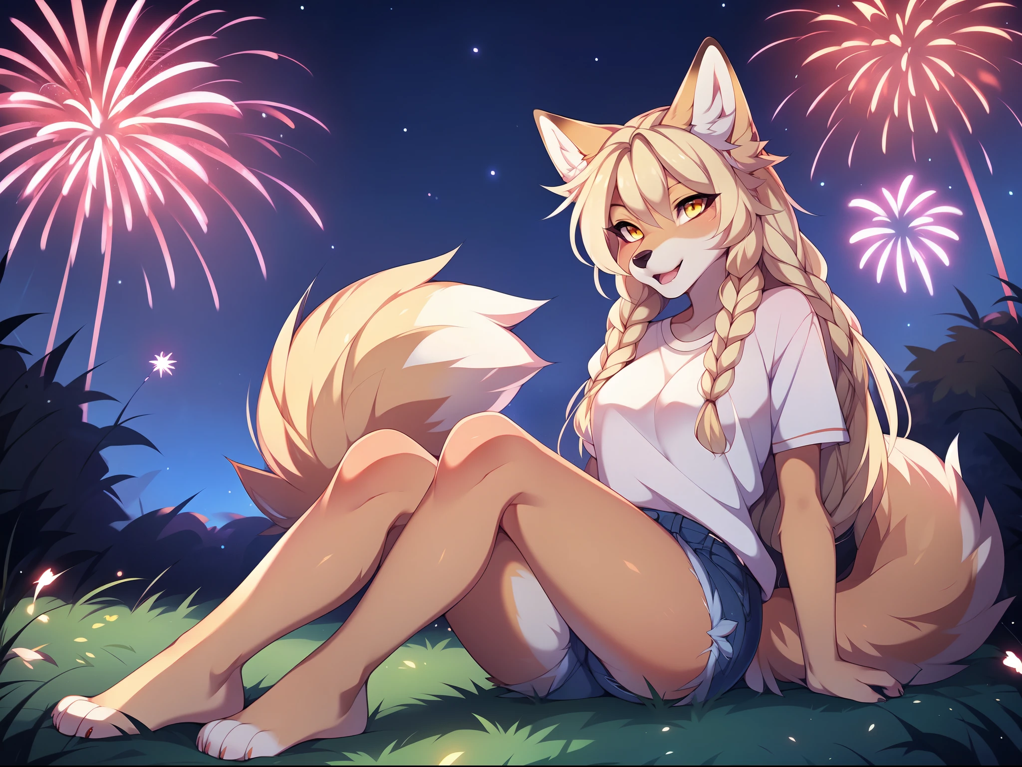 Kimiko, solo, cute furry anthro tan fox girl, long blonde straight hair, yellow eyes, (looking up):1.2, mouth open, looking amazed, smiling, small iris, small pupil, wearing jean shorts, barefoot, pink t shirt, sitting on a grassy hill, nighttime, intense fireworks in the sky, she is looking at the fireworks, by fumiko, by hyattlen, by hioshiru, far away shot, three quarters angle, cell shading, panned out view