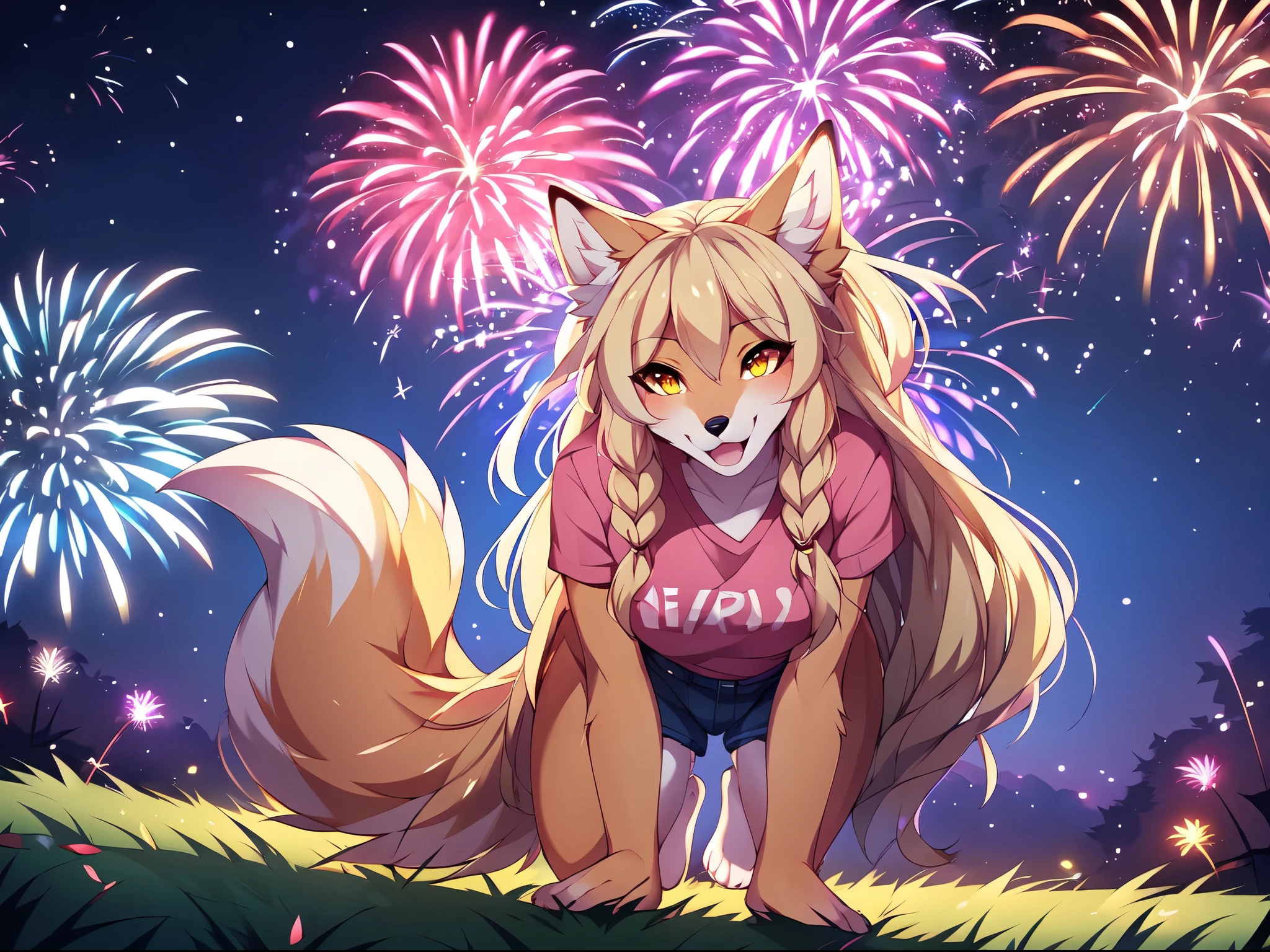 Solo, Kimiko, cute furry anthro tan fox girl, long blonde straight hair, yellow eyes, (looking up):1.2, mouth open, looking amazed, smiling, small iris, small pupil, wearing jean shorts, barefoot, pink t shirt, standing on a large open grassy hill, nighttime, intense fireworks in the sky, galaxy of fireworks in sky, she is looking at the fireworks, by fumiko, by hyattlen, by hioshiru, far away shot, three quarters angle, cell shading, panned out view