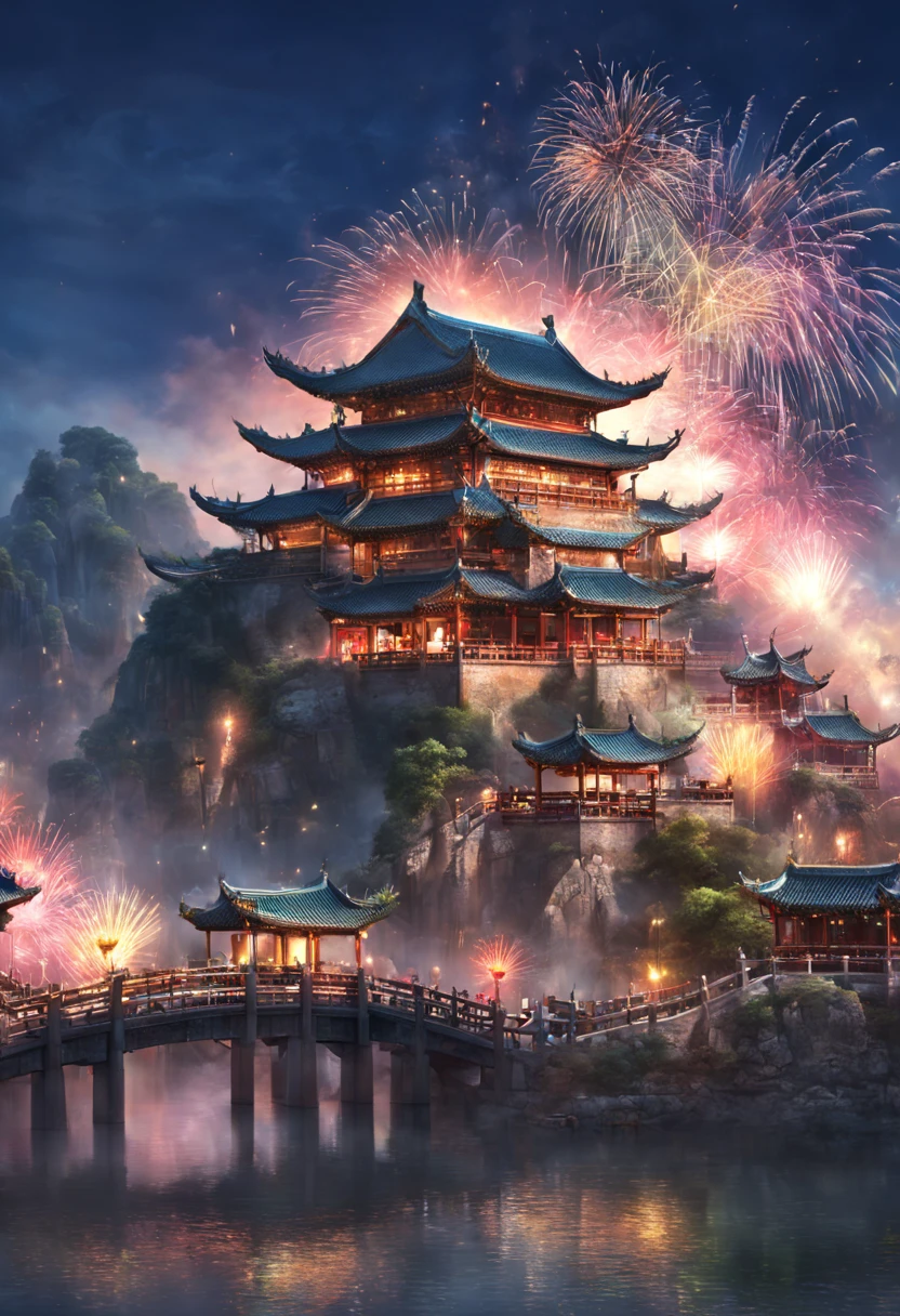 Colorful heart glowing effect complex light splash on ancient Chinese city ，depth of fields，Emphasis on HD details，ultra - detailed，Intricate clear spots of light at night，Colorful fireworks in the sky， 

        ，Real light，wide wide shot, Ultra-wide angle crisp ray traced rendering，hyper realisitc，Best quality，8K，a work of art，ultradetailed，detailed