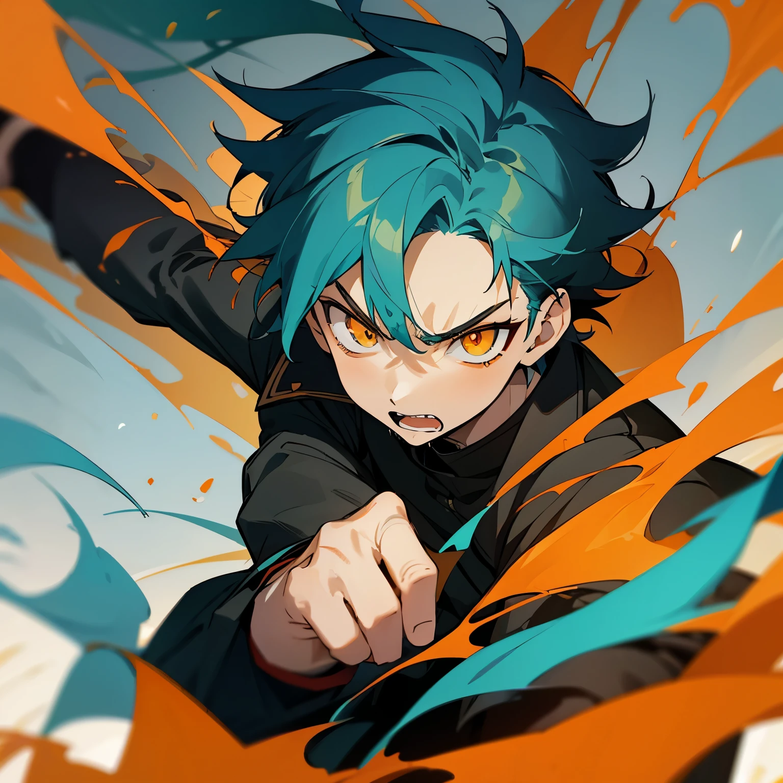 1 boy, Turquoise hair, orange eyes, black cloth, handsome, 15 years old kid, wearing uniform, orange eye liner, mad, angry