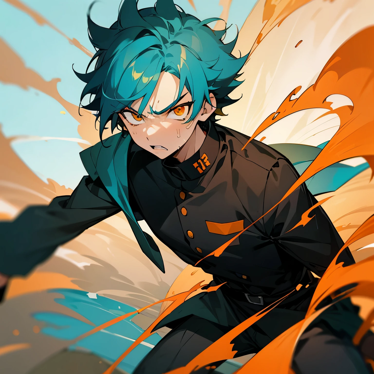 1 boy, Turquoise hair, orange eyes, black cloth, handsome, 15 years old kid, wearing uniform, orange eye liner, mad, angry, light power