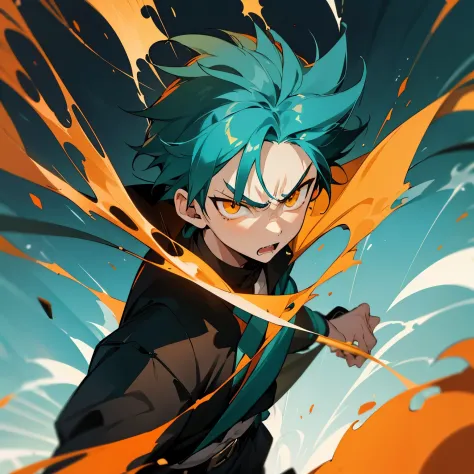 1 boy, Turquoise hair, orange eyes, black cloth, handsome, 15 years old kid, wearing uniform, orange eye liner, mad, angry, light power