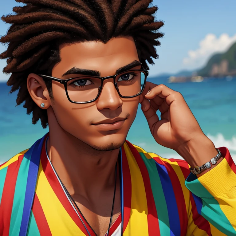 "Describe the physical features of a young Brazilian who embodies cultural diversity as a mulatto, a native of Rio de Janeiro, and a geek. Explore characteristics such as skin tone, hair, and facial features that reflect his diverse heritage. Additionally, emphasize elements of his geek lifestyle and the influence of Carioca culture on his fashion choices and expression of cultural identity."