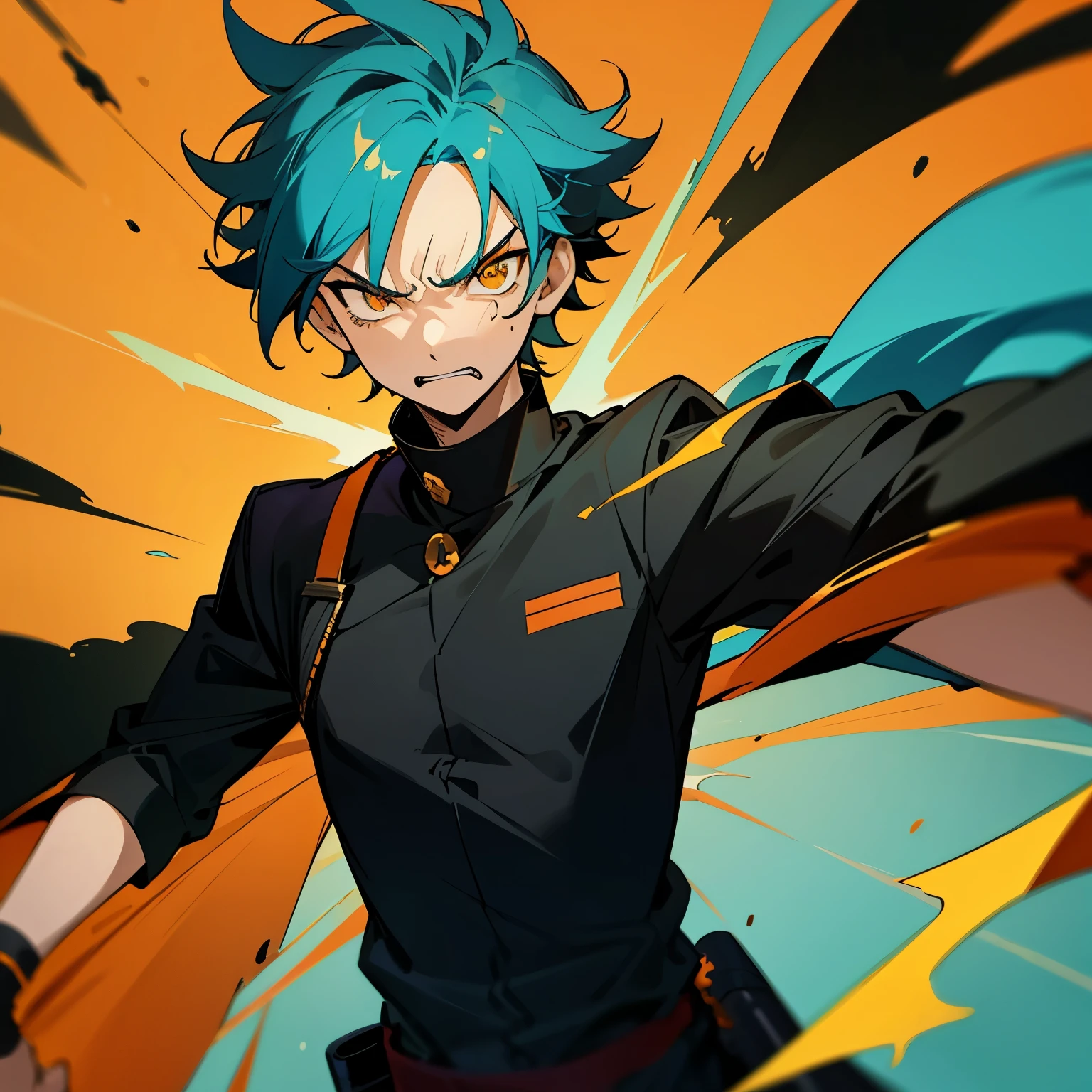 1 boy, Turquoise hair, orange eyes, black cloth, handsome, 15 years old kid, wearing uniform, orange eye liner, mad, angry, light power