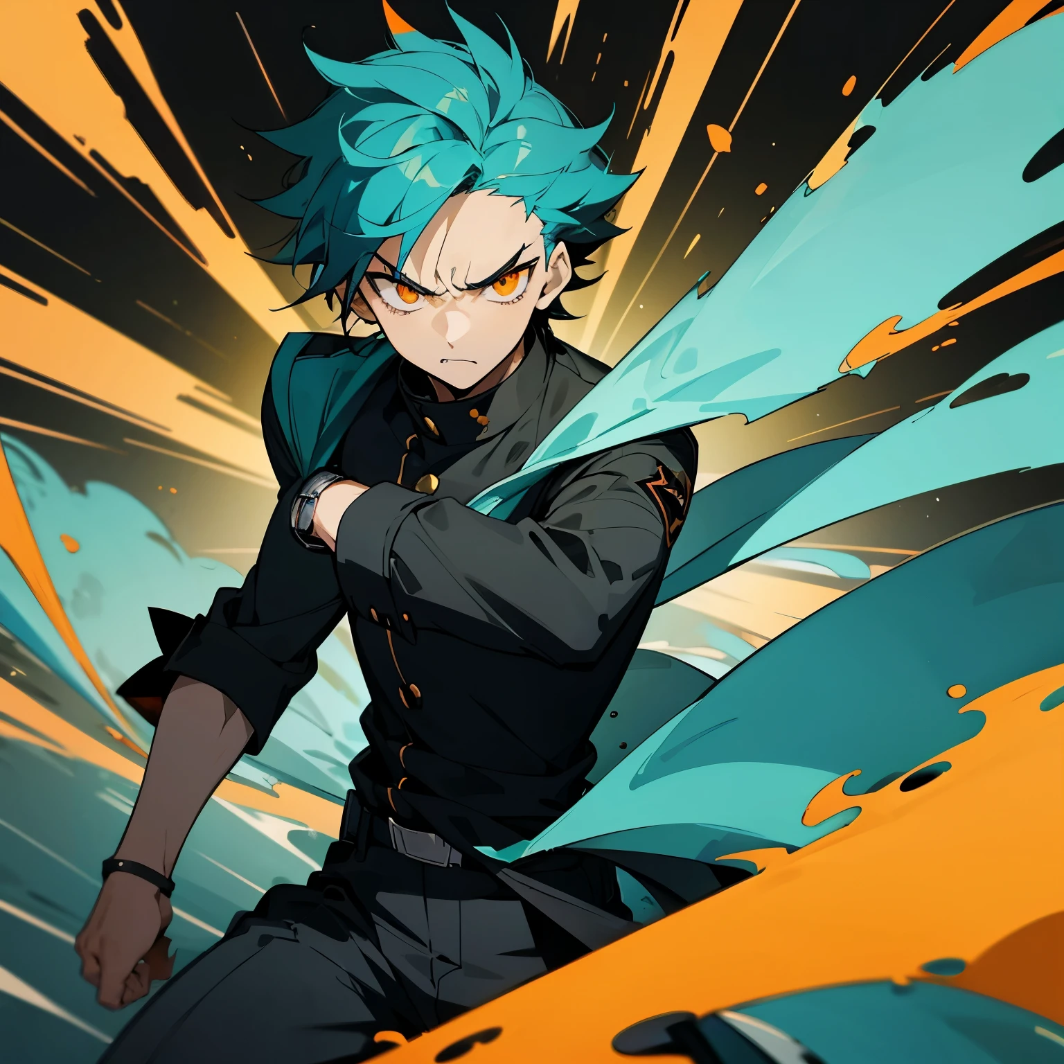 1 boy, Turquoise hair, orange eyes, black cloth, handsome, 15 years old kid, wearing uniform, orange eye liner, mad, angry, light power