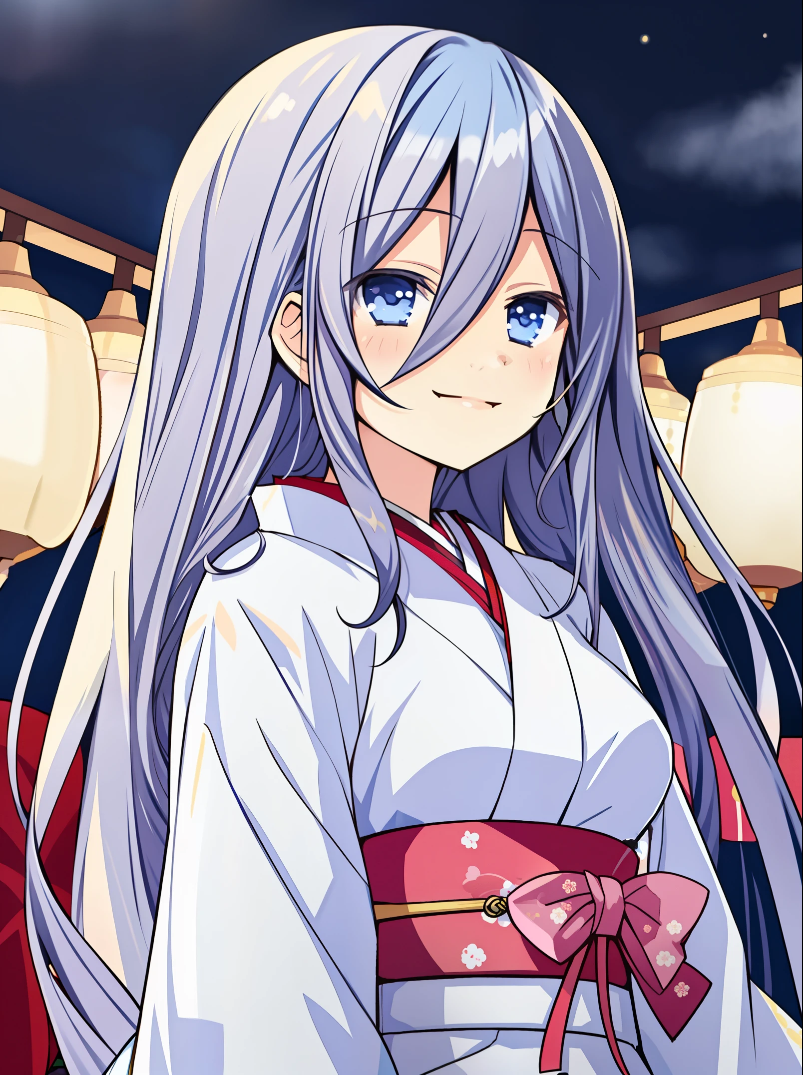 Anime girl with long gray hair and blue eyes in a white dress - SeaArt AI