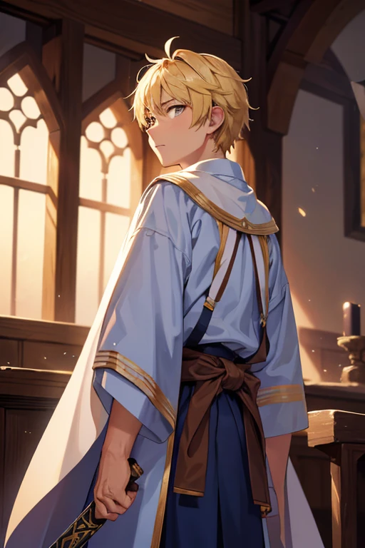 a blond, Miso, Brown eyes, (A masterpiece:1.2), Best Quality, high resolucion, Unity 8k wallpaper, (Illustration:1.0), beautiful detail, Extremely detailed, 18-year-old boy, Back lighting, glittering, medieval village_Background with, weapons_sword, light blue robe, Solo, perfect light, Extremely detailed CG