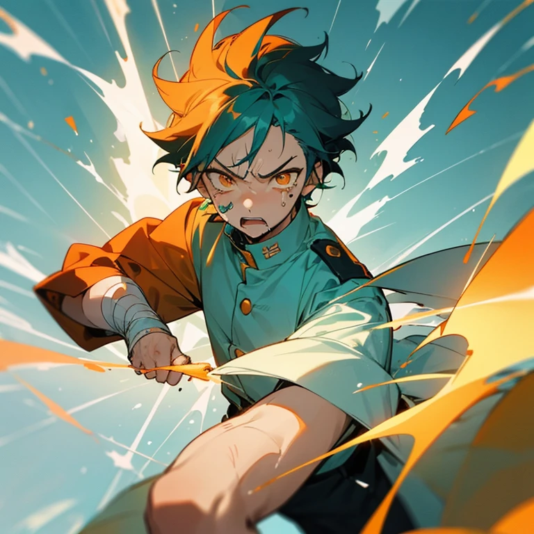 1 boy, Turquoise hair, orange eyes, white cloth, handsome, 15 years old kid, wearing uniform, orange eye liner, mad, angry, light power, crying, injured