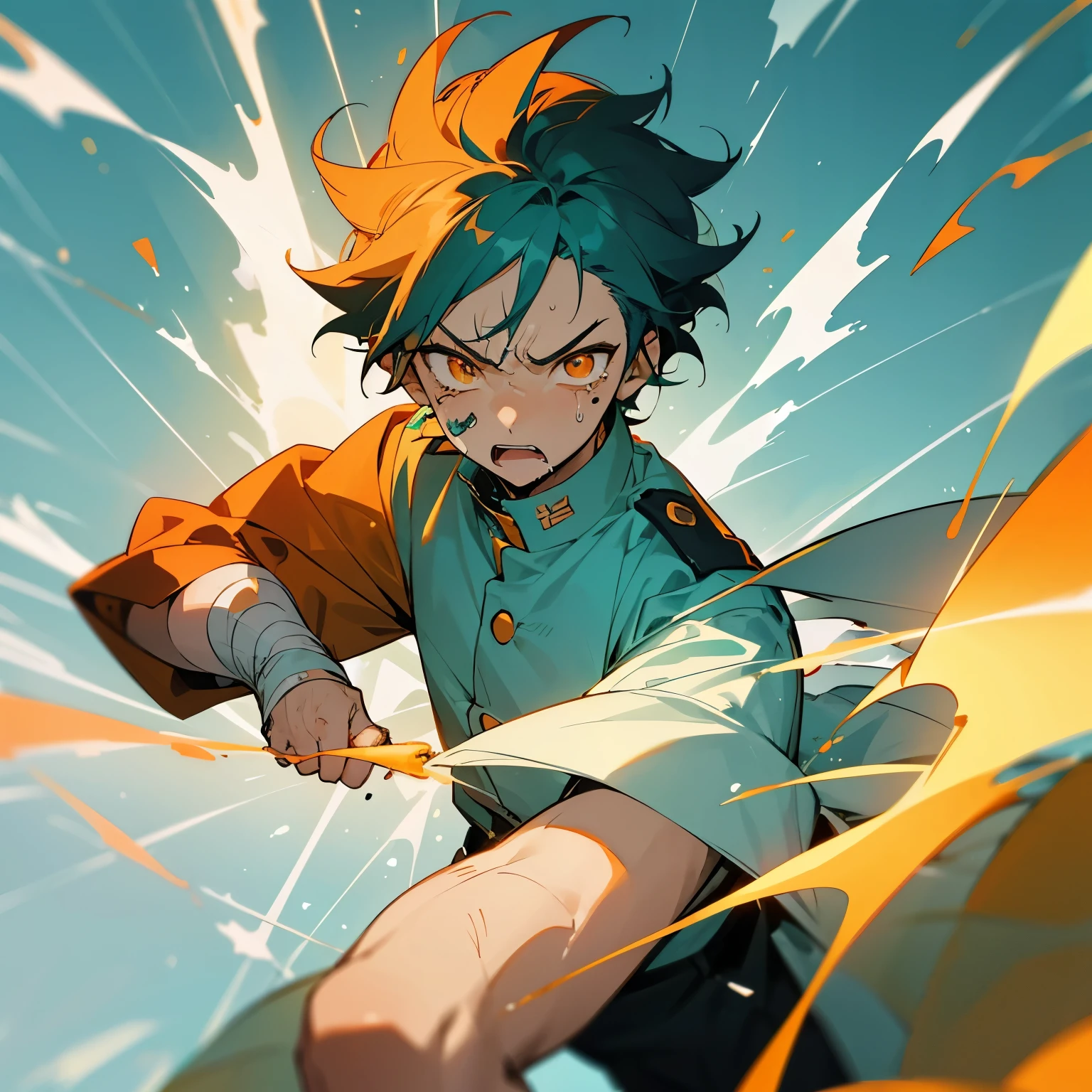 1 boy, Turquoise hair, orange eyes, white cloth, handsome, 15 years old kid, wearing uniform, orange eye liner, mad, angry, light power, crying, injured