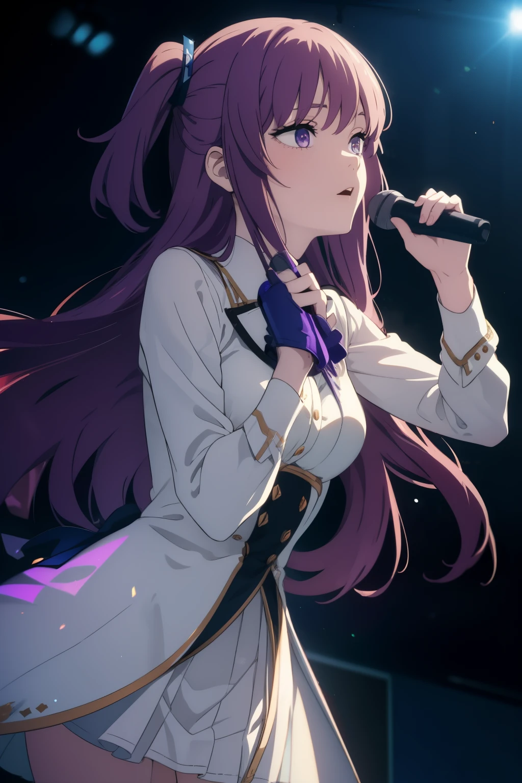 (masterpiece), (best quality), pretty girl, female idol, dress, on stage, holding microphone, singing, passionate, long purple hair, (close-up:1.1), (face), (cinematic angle), (beautiful lighting)