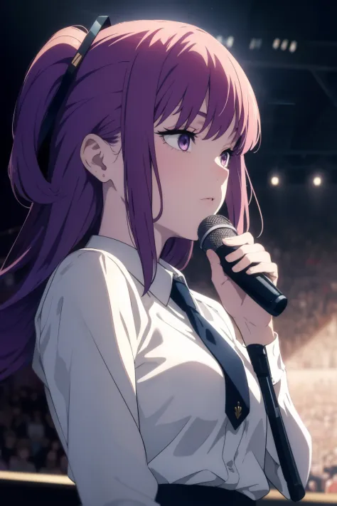 (masterpiece), (best quality), pretty girl, female idol, dress, on stage, holding microphone, singing, passionate, long purple h...