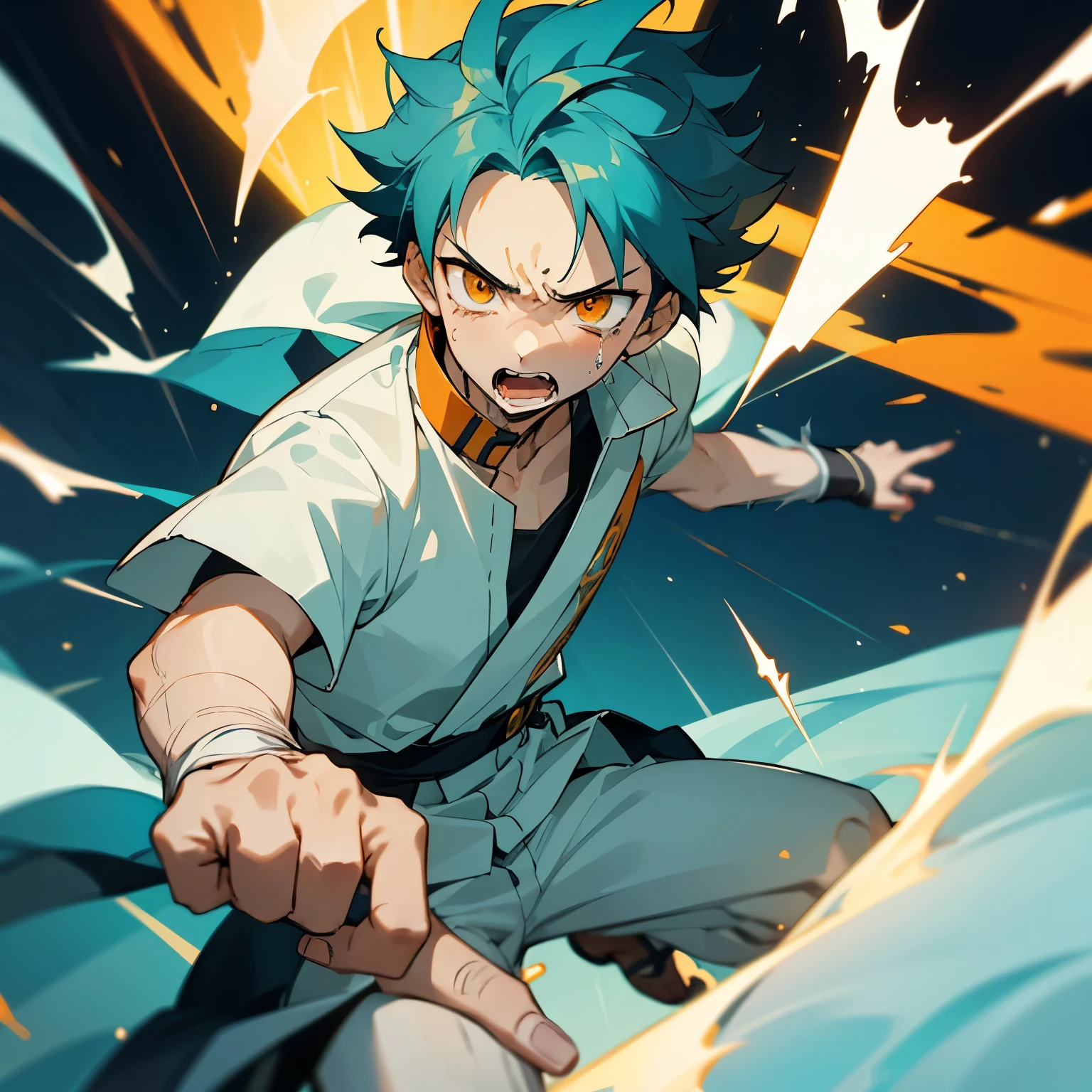 1 boy, Turquoise hair, orange eyes, white cloth, handsome, 15 years old kid, orange eye liner, mad, angry, light power, crying, there is a wound on his hand