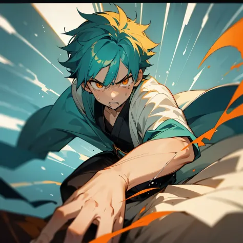 1 boy, Turquoise hair, orange eyes, white cloth, handsome, 15 years old kid, orange eye liner, mad, angry, light power, crying, there is a wound on his hand