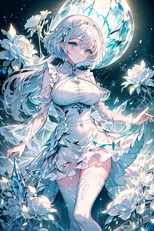 Paradise in Heaven, White lighting,(masutepiece), (Best Quality), (cinematic), 8k, (art  stations), Li Yue painting style.(A woman with long white hair and silvery eyes), (Beautiful delicate face)、[ Particle Lou Full Moon] [Frozen trees々] [landscape crystal] [Lighting] [Ethereal Atmosphere]:1.1] [Fantasy, short story] [soft Lighting] [+cinematic shot]:1.2 [+art  stations] [+luminous white background] [+soft Lighting] [soft glow] [Creative and dynamic angles]:1.3, [+Crystal Toning] 、masutepiece, ighly detailed, Ultra-detailed, 独奏, (pale skin), Silvery eyes, White hair, (snowy background), (snowflake rosen flower:1.0), (shining crystal),, (Snowy ground), (White lashes), Female sexy、dreamy and detailed, Gorgeous setting, Mysterious atmosphere mastutepiece, The most beautiful scenes, An majestic、(((full of white flowers)))、quiet and serene atmosphere、A charming, all white tones,Inside the crystal library,Transparent flowers and falling snow，Many white roses are planted,(flowingwater,falls,water bloom),The decoration is also carefully done.,Dreamy（ighly detailedです，Creative Design，crisp and precise lines，k hd，best qualtiy，tmasterpiece，超hight resolution，4K）、Diverse poses、((beautiful white flower hair ornament))、Beautiful hairstyle、(Best Quality, 4K, 8k, hight resolution, masutepiece:1.2), Ultra-detailed, Detailed expression, Graceful posture, expressive brush strokes, mystic atmosphere, artistic interpretation,Delicate floral jewelry， (((Detailed design、Beautiful lace translucent dress、see-through small dress)))、(SFW:1.5), (Oversized breasts, best body proportions, proportions of large breasts,:1.5),(white decoration on thigh)、((Beautiful crystal accessories on the legs))。((Beautiful crystal accessories on the arm))、(((maikurobiki)))