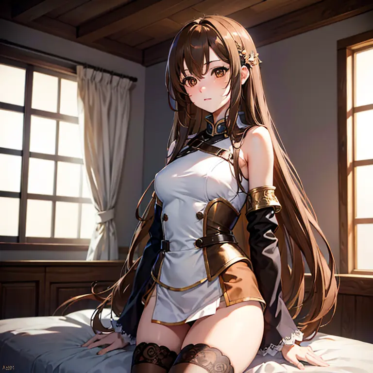 asunayuuki, asuna yuuki, long hair, brown hair, (brown eyes:2), (small breast:1.2), break skirt, thighhighs, bare shoulders, det...