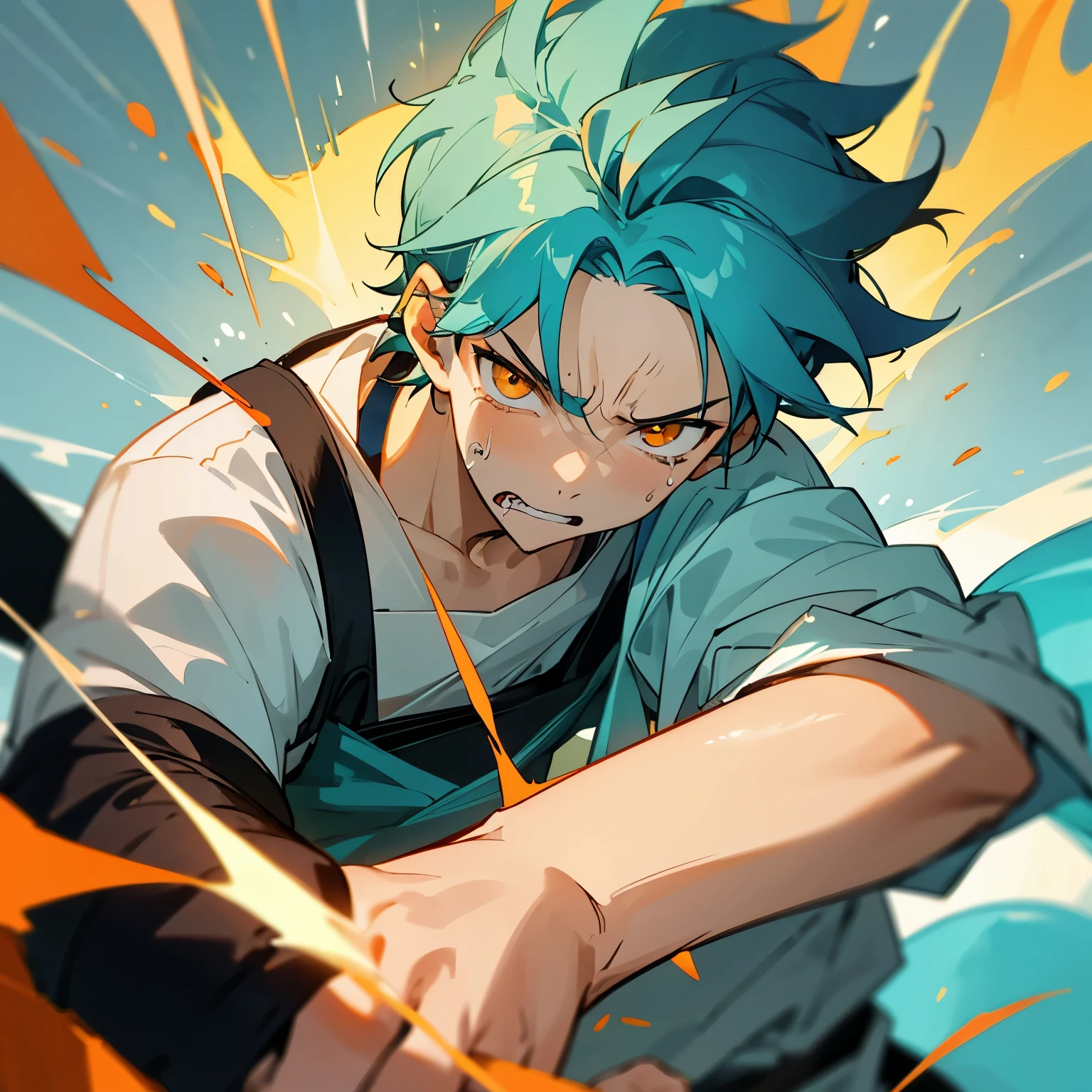 1 boy, Turquoise hair, orange eyes, white cloth, handsome, 15 years old kid, orange eye liner, mad, angry, light power, crying, there is a wound on his hand and his head