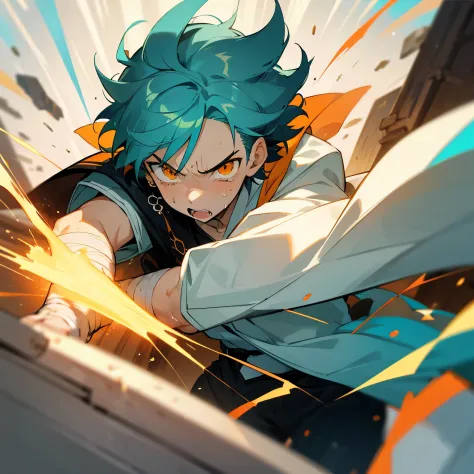1 boy, Turquoise hair, orange eyes, white cloth, handsome, 15 years old kid, orange eye liner, mad, angry, light power, crying, injured in his hand