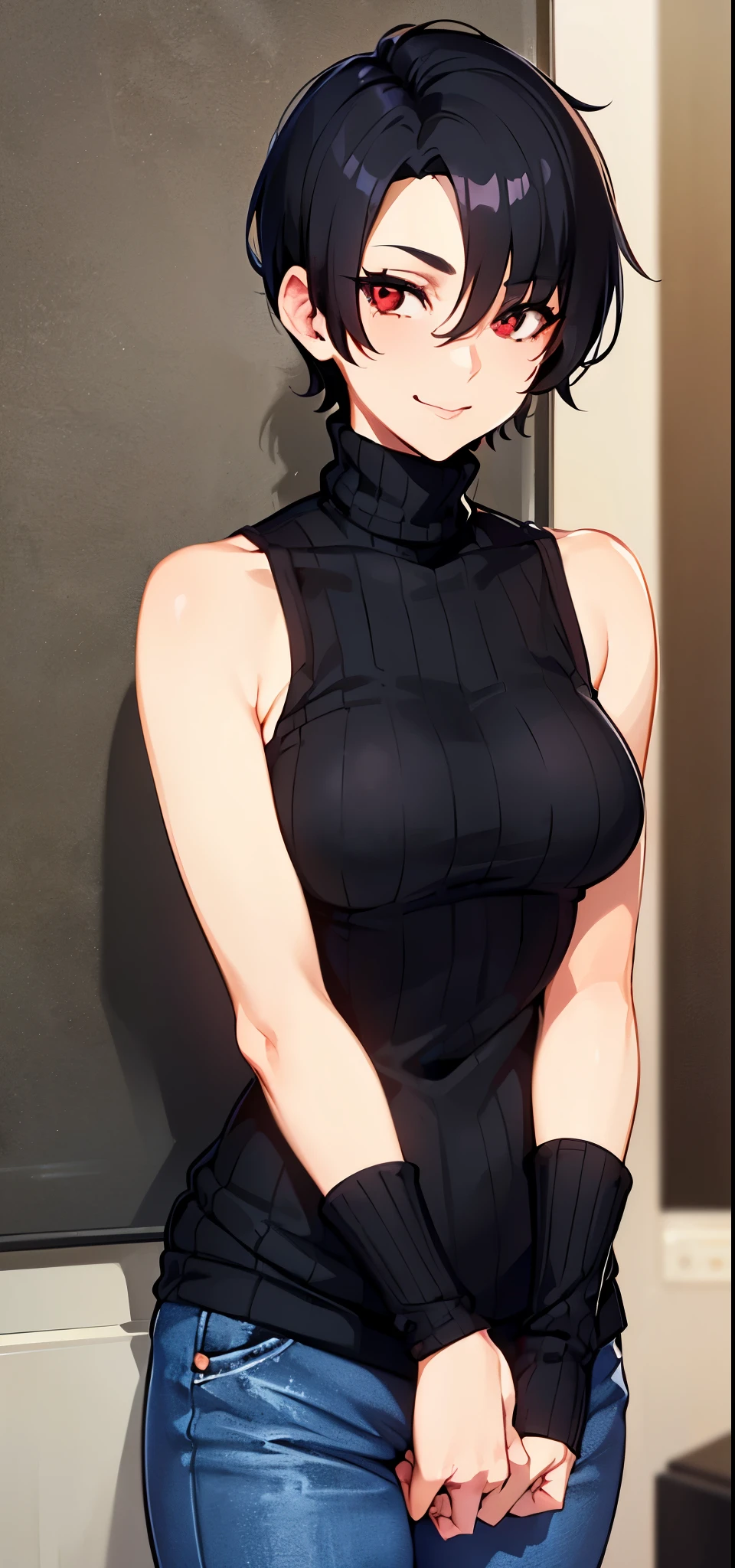 Anime girl with black hair and red eyes in a black top - SeaArt AI