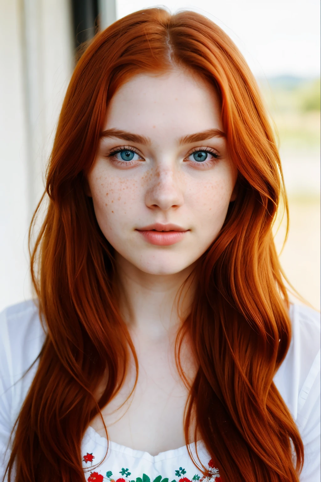 A close up of a woman with long red hair and freckled hair - SeaArt AI