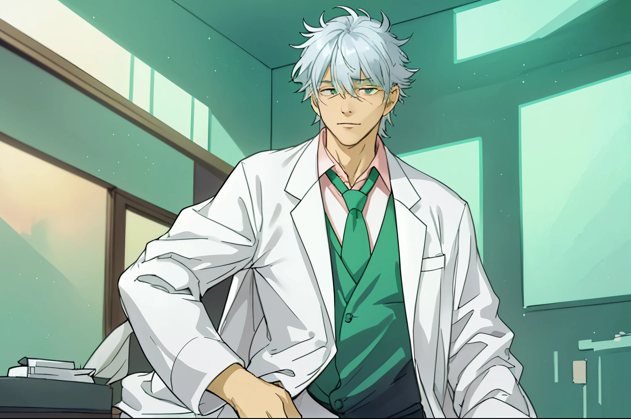 silver haired guy, white lab coat, green tie, pink shirt