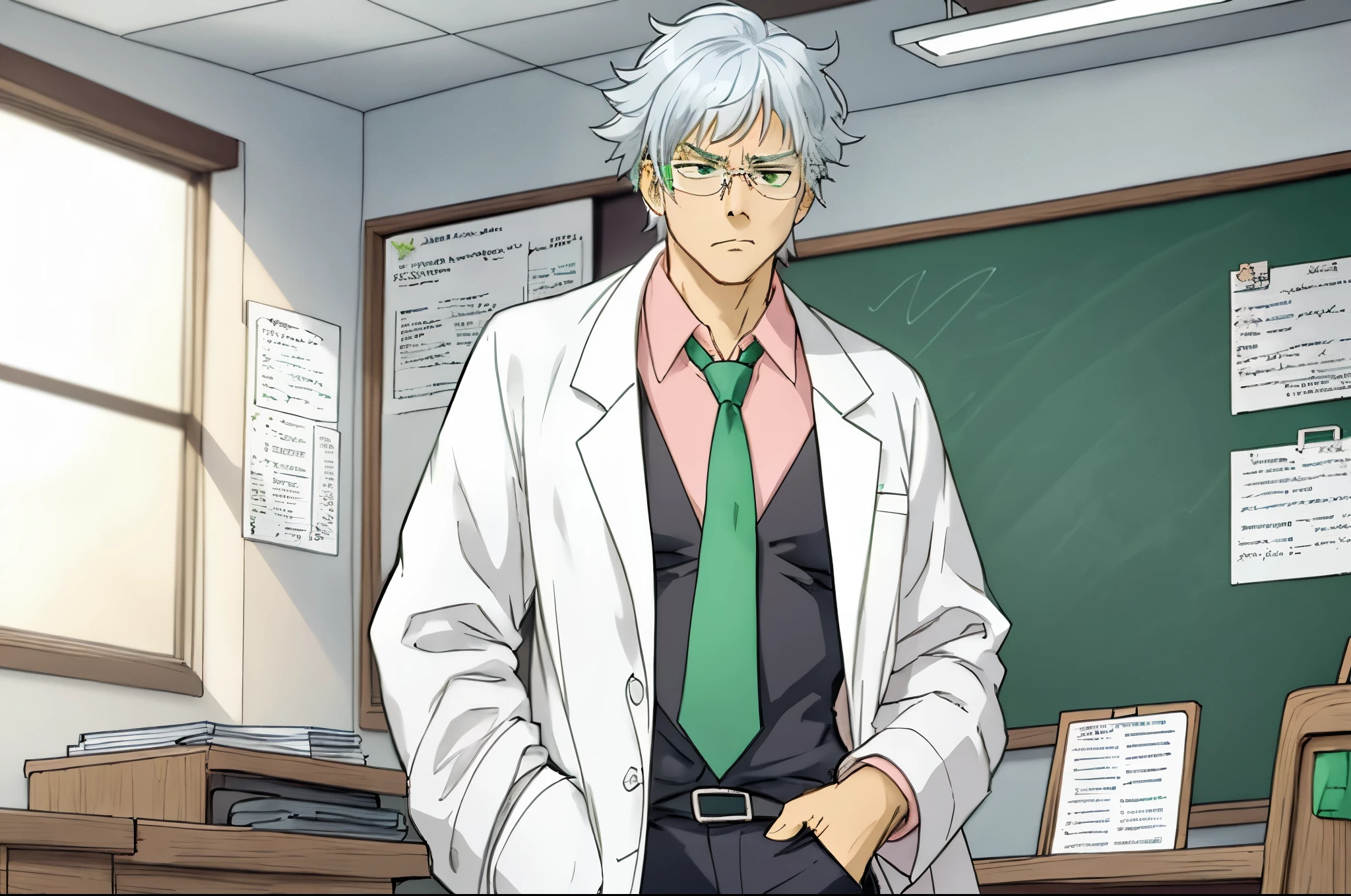 silver haired teacher with medical glasses, white lab coat, pink shirt, green tie, he looks disappointed