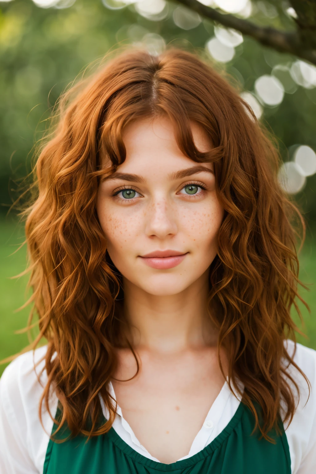 A woman with red hair and green eyes posing for a picture - SeaArt AI