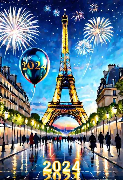 Paris, "Happy New Year", "2024", (best composition), (masutepiece), (Best Quality), (ultra high detail)
