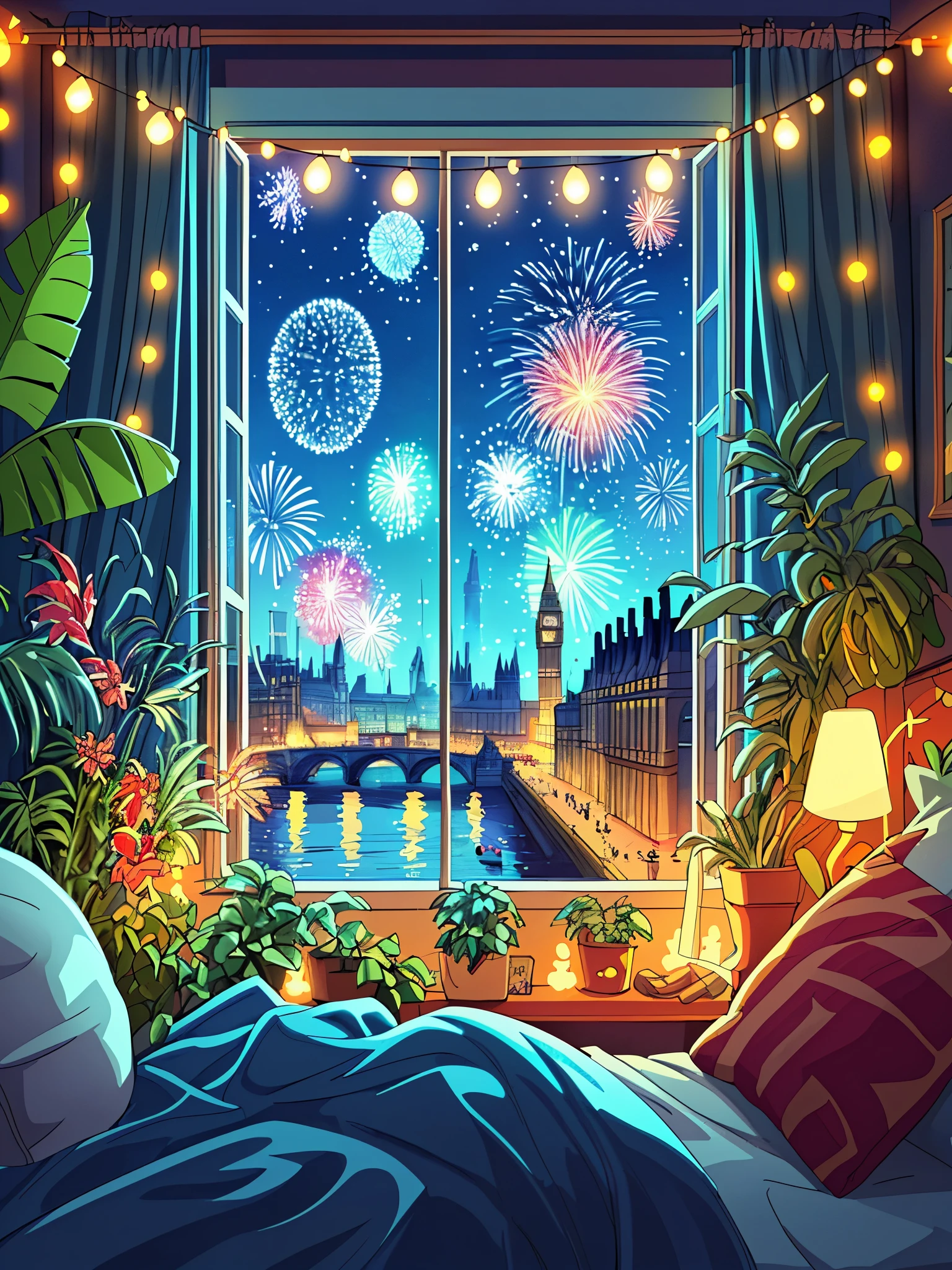 ロンドンでの新年のお祝いの寝室の窓からの眺めを漫画のコンセプトアートで描く, 花火, 装飾, 植物, フェアリーライト, 夜, 美しい空, ナチュラルカラー, 傑作, 平和な風景, 誰も