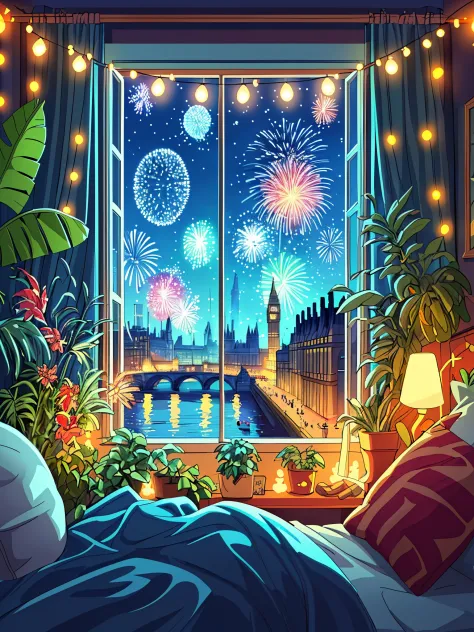 Draw cartoon concept art scene of view from bedroom window of new year celebration in London, fireworks, decoration, plants, fai...