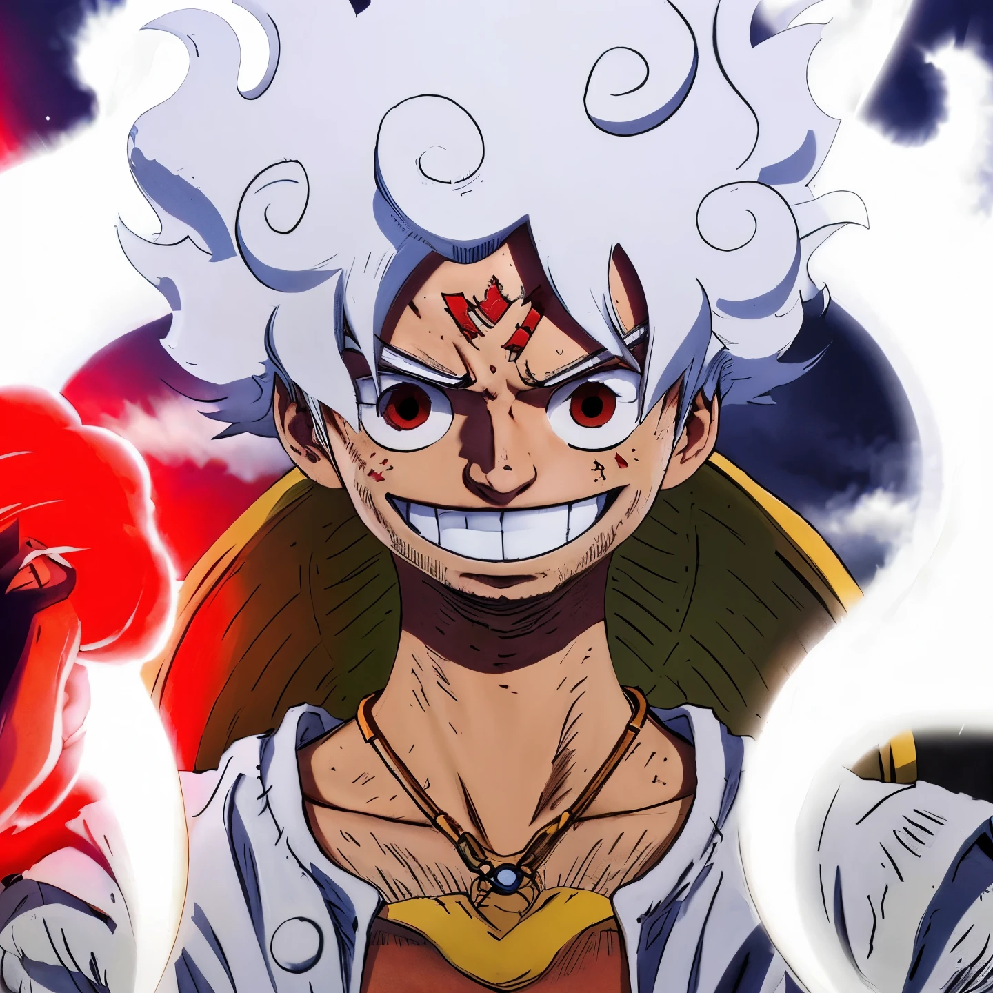 Anime characters with white hair and red eyes and a red demon - SeaArt AI