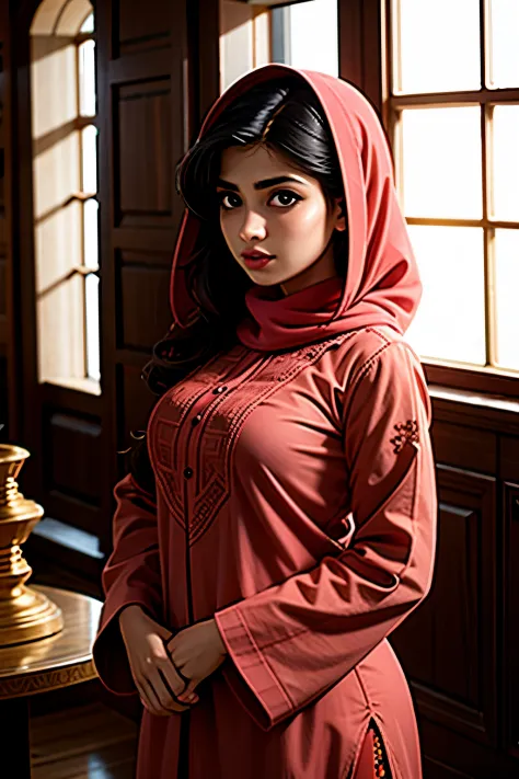 young woman, pakistani, facing viewer, standing upright, inside well lit room, dressed in western clothing, closeup picture, hig...