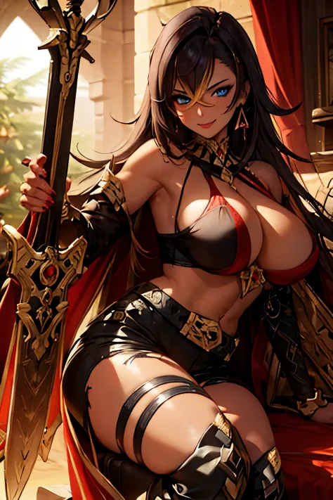 masterpiece,best quality,studio lighting,dehya, seductive pose, glowing eyes, perfect face, perfect hands, detailed lips, detailed nose, detailed eyes, (huge breasts), holding a greatsword,cowboy shot,confident smile