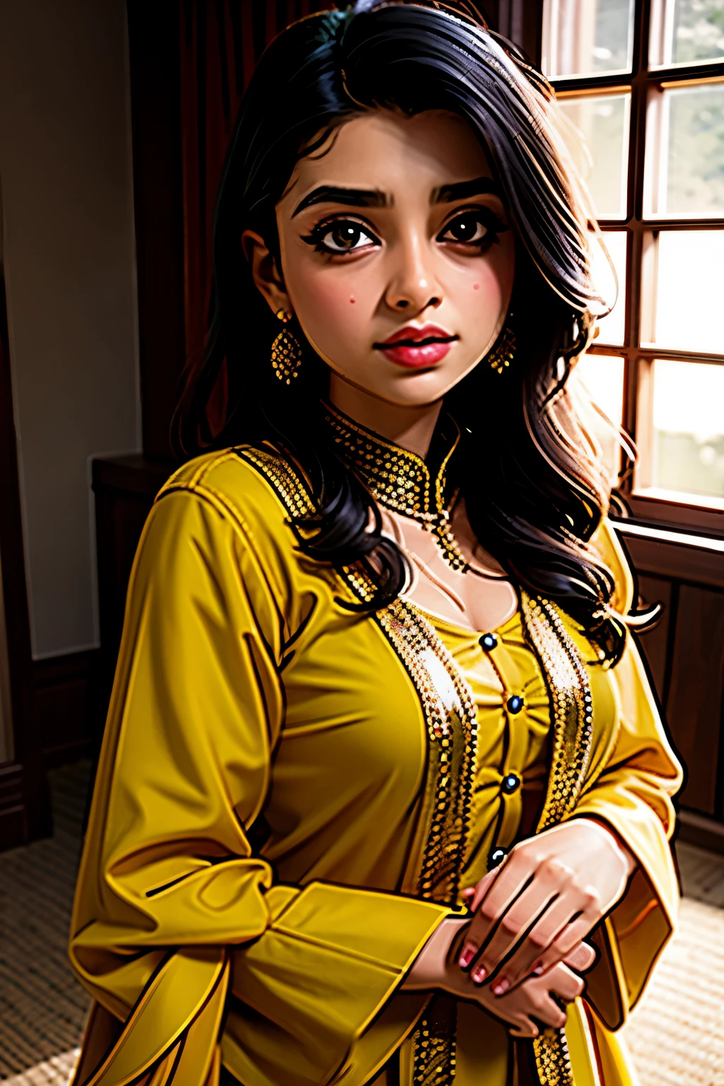 young woman, Pakistani, facing viewer, standing upright, inside well lit room, dressed in western clothing, closeup picture, high quality picture