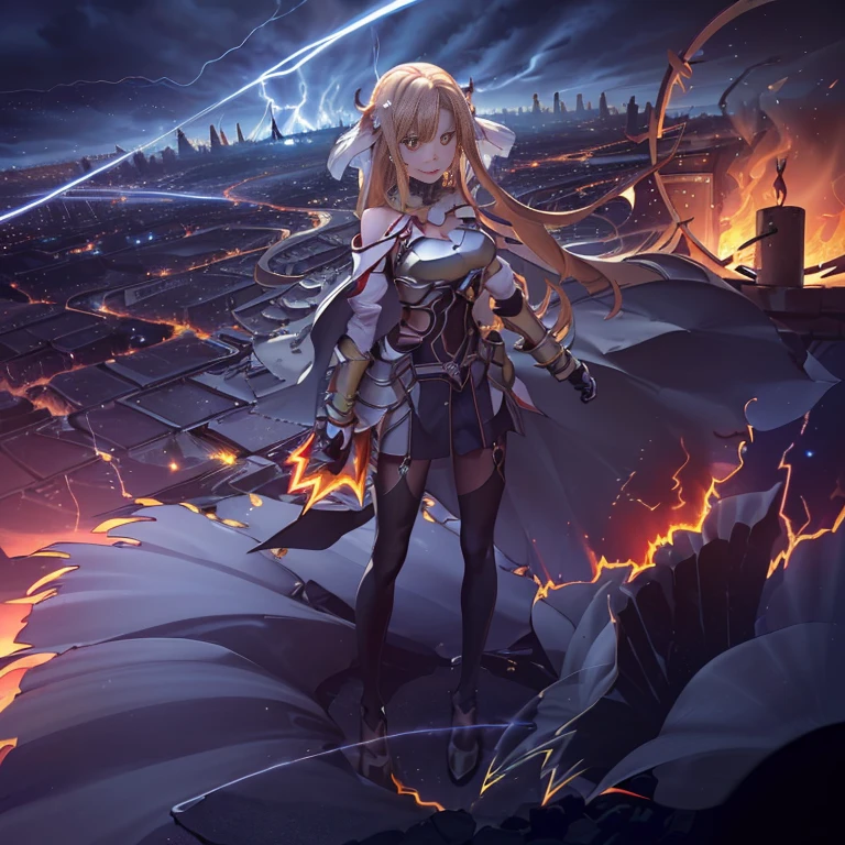 1GIRL BLACK KNIGHT BLONDE WAVE LONG HAIR (FACE-MATURE) (FACE-MATURE)) ((HOLD_EYES)) ((27 years old)) ((full body shot)) ((Standing)) ((Hold a sword)) ((Black_coloring full metal armor)) ((knight fur_cloak)) ((Hugh breast)) ((light smile)), fantasy game style frame, from the body (dark flame: 1.3), burn circle, (clear and heavy)), (burn the sky, vortex of fire, fire magic: 1.5)), hand of fire, ((melt and mix: 1.5)), (flame and burning: 1.3)), black fog, wind, ( (fusion of flame and hair: 1.3)), weightlessness, eddy, (burn eddy effect: 1.5), (round flame background: 1.5), (round frame: 1.4), (huge halo: 1.4), (flame blast: 1.3), (electric current, magic circle , Explosive Lightning: 1.5), (revolve round: 1.5), (lightning effect: 1.5), blue sky, group of buildings,1contrail, (cityscape: 1.5), warm light, the top of the hill, (Overlooking the cityscape: 1.5), ( scenery: 1.5), (Looking down on the city from the roof of a building: 1.3), (BODY ON THE LIGHTNING: 1.3) (Electric Current, Magic Circle, Explosive Lightning: 1.5), (Revolve Round: 1.5), (Goddess: 1.3), (Lightning Effect: 1.5),