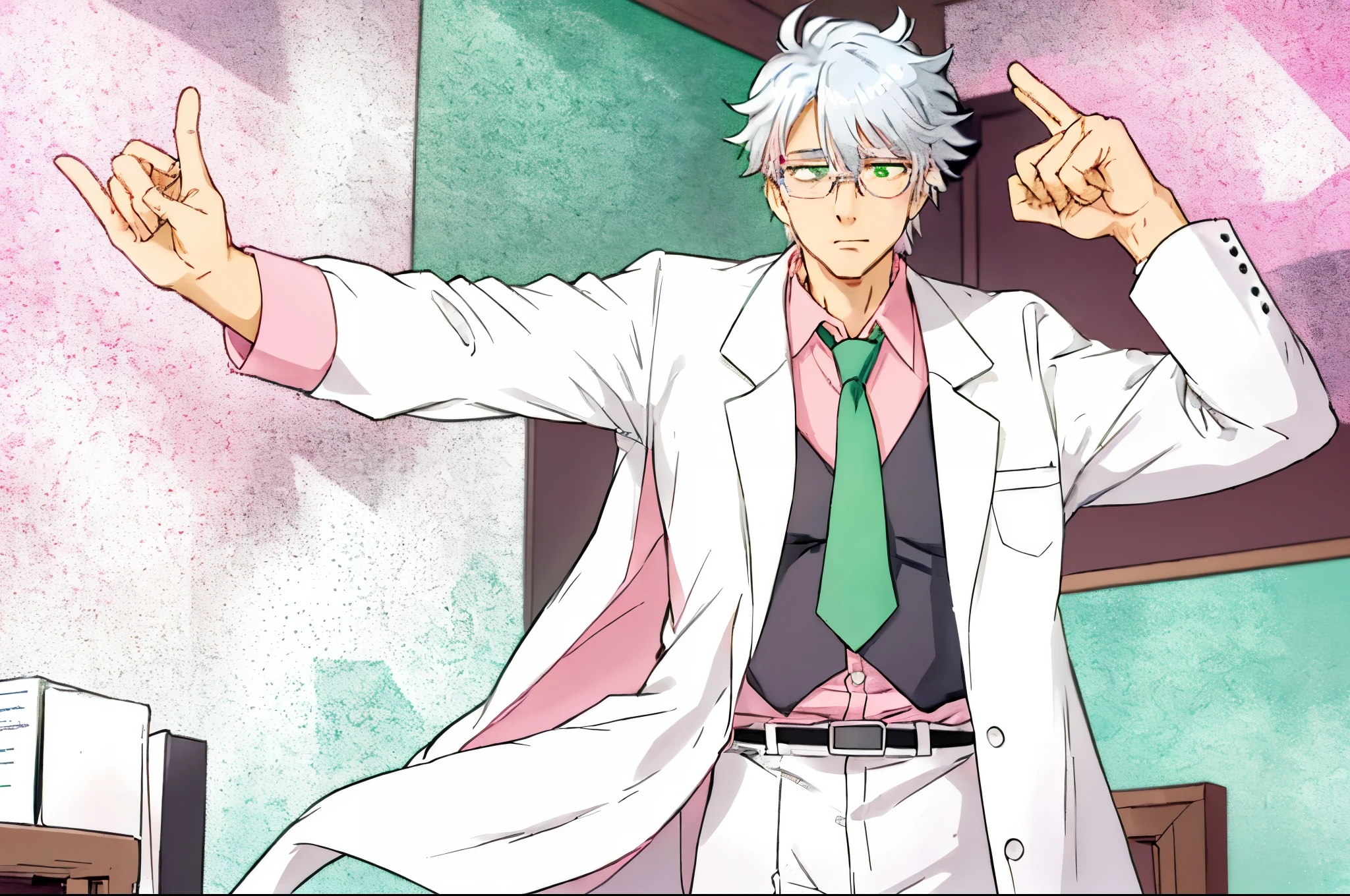 silver haired teacher with medical glasses, white lab coat, pink shirt, green tie, he is explaining and gesturing with his arms