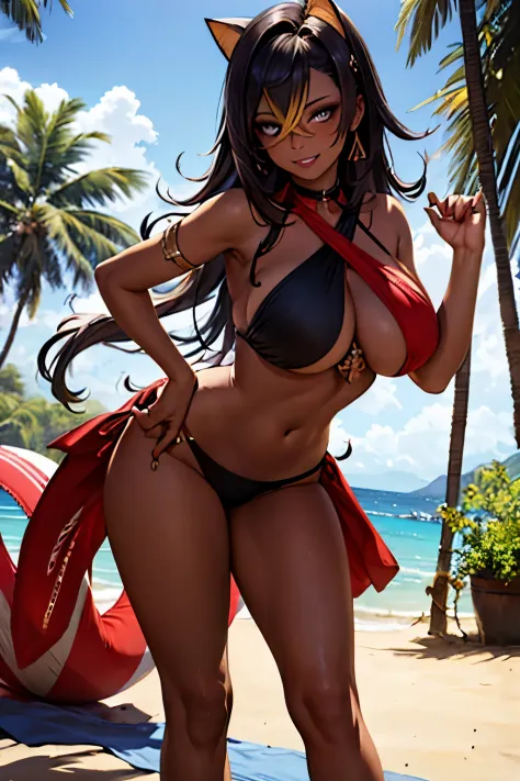 masterpiece,best quality,studio lighting,dehya, dark skin,seductive pose, glowing eyes, perfect face, perfect hands, detailed lips, detailed nose, detailed eyes, (huge breasts), confident smile,sling bikini, topless sunbathing, beach scenery
