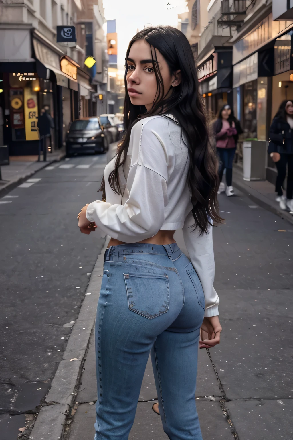 Araffed woman in jeans and heels walking down a city street - SeaArt AI