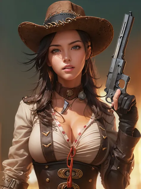 ((Finest quality)),(超A high resolution),(ultra-detailliert),(Meticulous portrayal),((Best CG)),(Finest works of art),Ultra-Precision Art,The art of astounding depiction,(Art with precise depiction in every detail:1.5),(Wild West:1.8), (one female gunman:1....