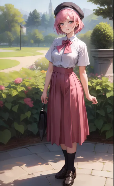 (absurdres, highres, ultra detailed, realistic), 1 girl, pink hair, short hair, long skirt, long socks, black socks, beret,standing on a garden