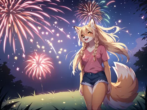 Solo, Kimiko, cute furry anthro tan fox girl, long blonde straight hair, yellow eyes, (looking up):1.2, mouth open, looking amaz...