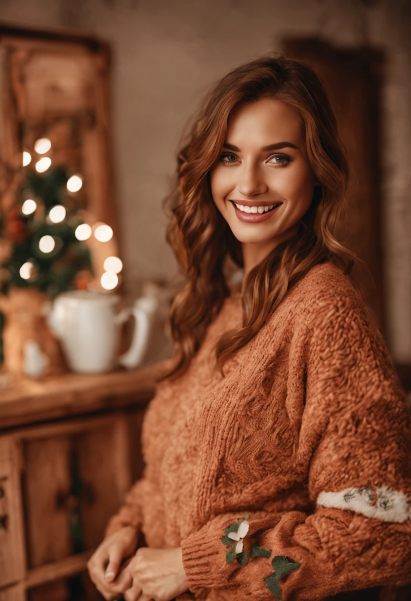 Cute smiling woman near wooden furniture, wearing christmas sweater -  SeaArt AI