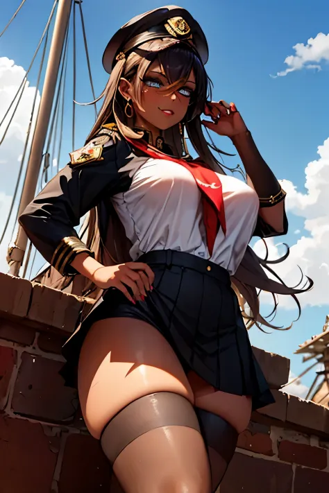 masterpiece,best quality,studio lighting,dehya, (dark skin),seductive pose, glowing eyes, perfect face, perfect hands, detailed lips, detailed nose, detailed eyes, (huge breasts), confident smile,(navy captain),navy captain outfit,cruiser ship scenery,((wh...