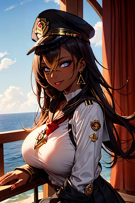 masterpiece,best quality,studio lighting,dehya, (dark skin),seductive pose, glowing eyes, perfect face, perfect hands, detailed lips, detailed nose, detailed eyes, (huge breasts), confident smile,(navy captain),navy captain outfit,cruiser ship scenery,((wh...