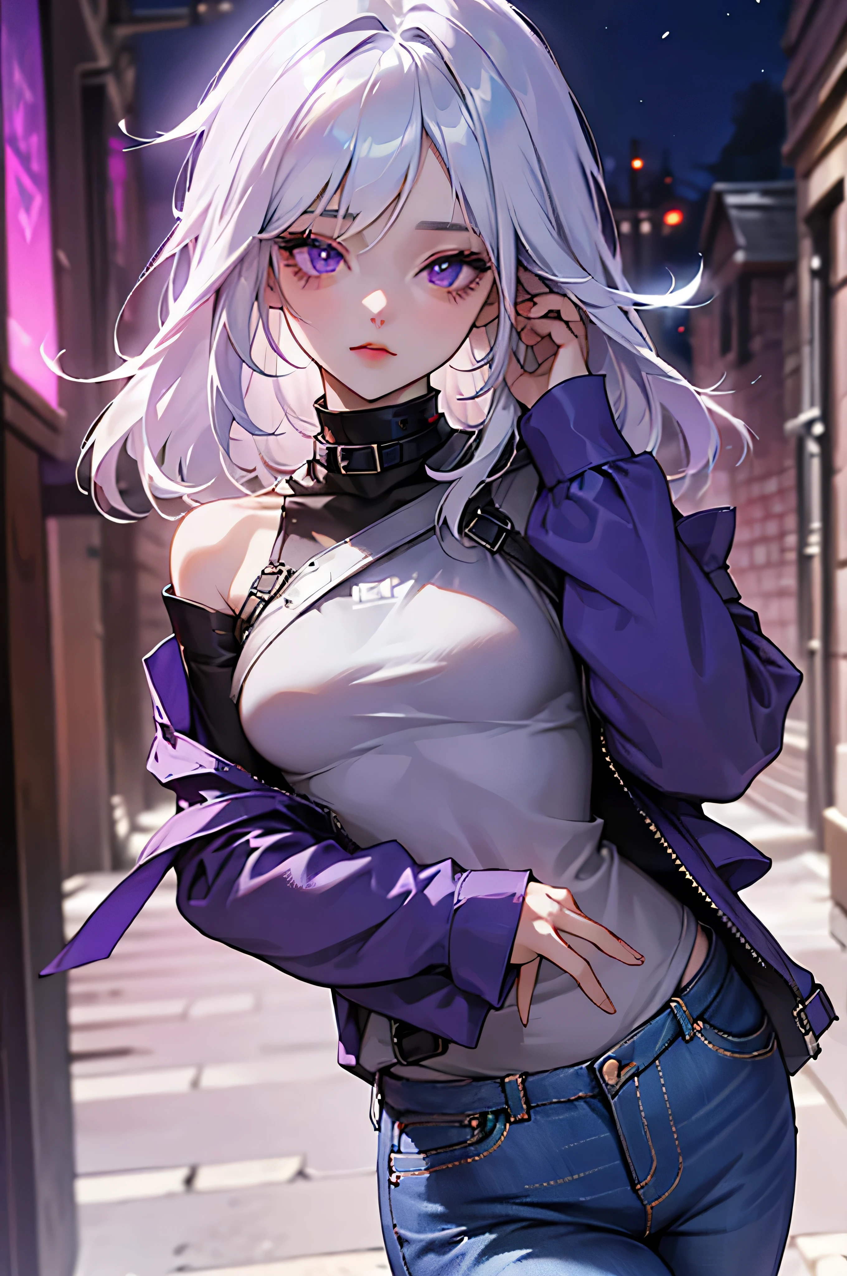 Anime girl with white hair and blue eyes walking down a street - SeaArt AI