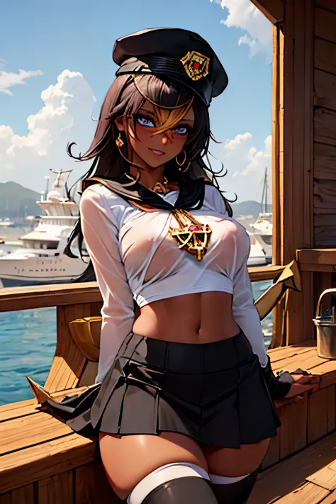 masterpiece,best quality,studio lighting,dehya, (dark skin),seductive pose, glowing eyes, perfect face, perfect hands, detailed lips, detailed nose, detailed eyes, (huge breasts), confident smile,(navy captain),navy captain outfit,cruiser ship scenery,(((w...