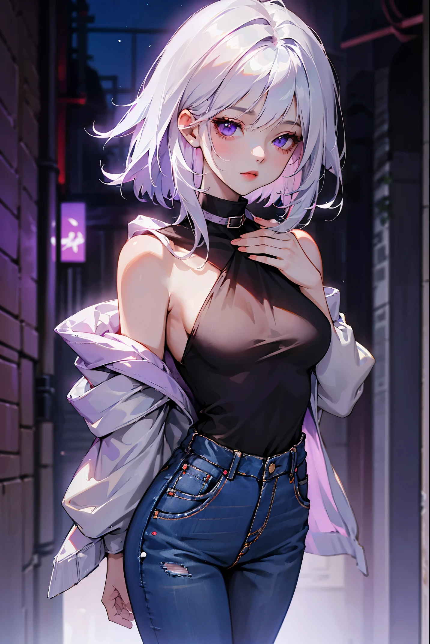 Anime girl with white hair and blue jeans walking down a street - SeaArt AI