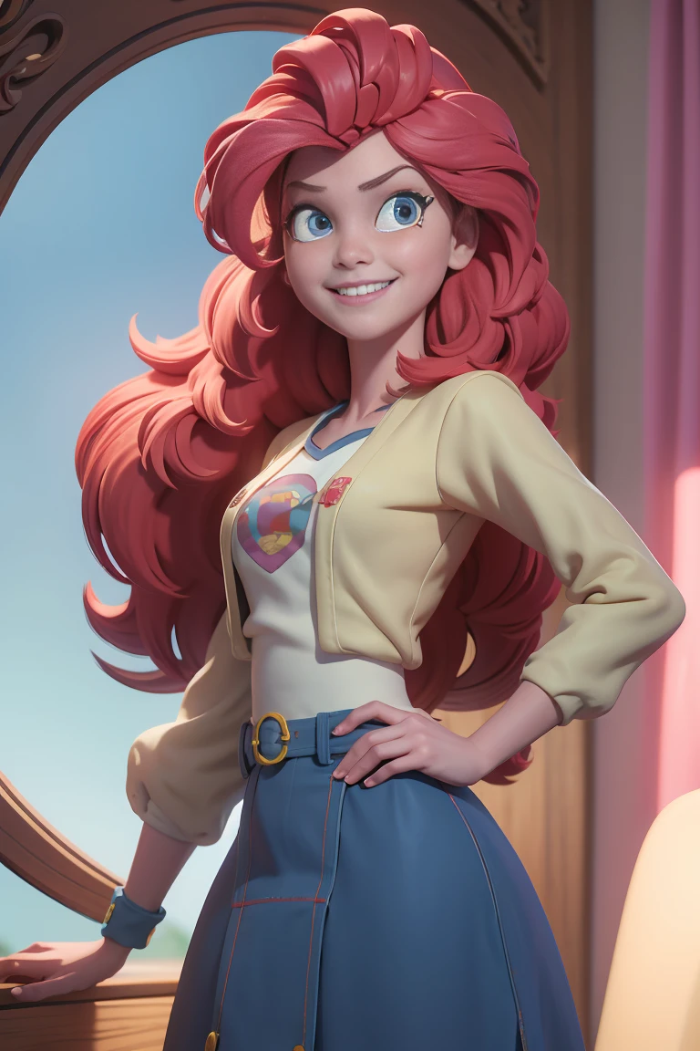 a caucasian woman, con el pelo largo y ondulado de color rojo, ojos azules como zorros, vibrante con una blusa rosa y una chaqueta vaquera, She is grinning, with a cell phone in hand. La mejor calidad, Super detailed,4k